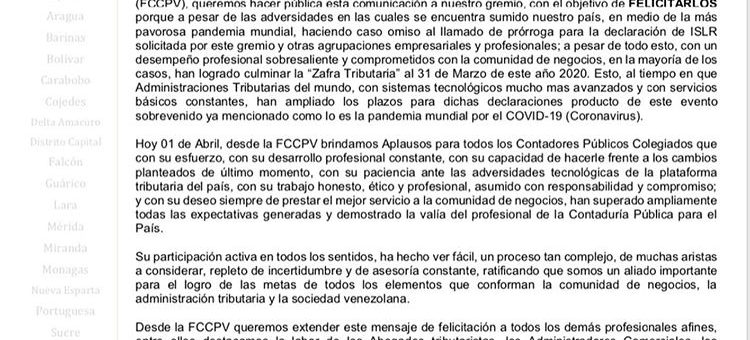 APLAUSOS PARA TODOS LOS CONTADORES PÚBLICOS COLEGIADOS DE VENEZUELA